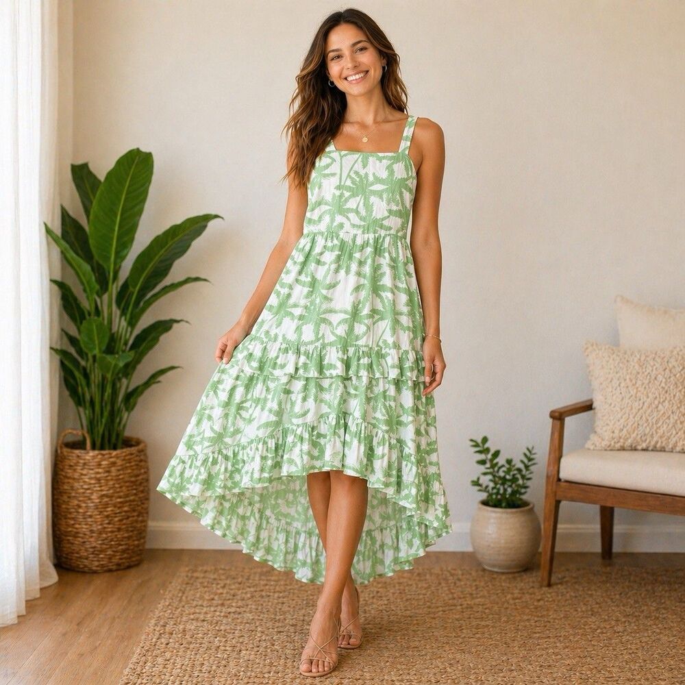 Trixxi Dress Women Medium Green Hi-Low Tiered Cottagecore Babydoll Picnic Y2K